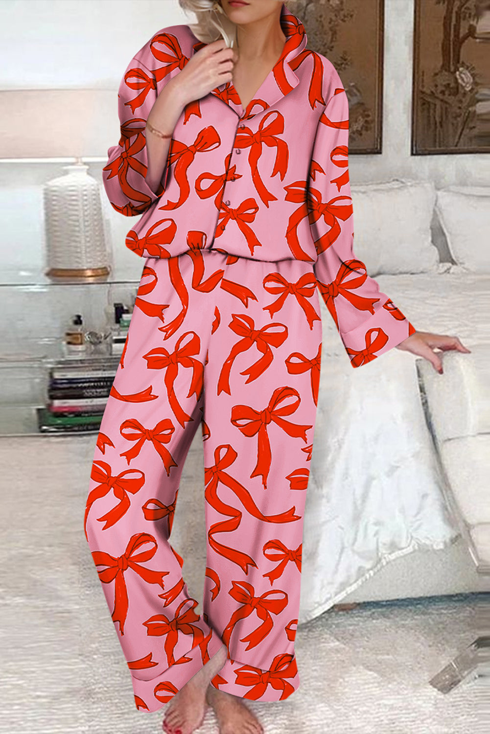 Pink 2pcs Bow Print Shirt Style Long Sleeve Pajama Set Kittybear Krafts