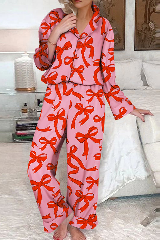 Pink 2pcs Bow Print Shirt Style Long Sleeve Pajama Set Kittybear Krafts