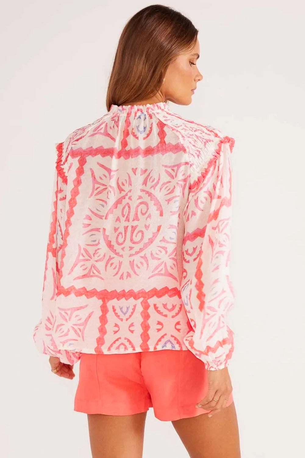 Desert Flower Vintage Print Smocked Poet Collar Billowy Blouson Sleeves Blouse Kittybear Krafts
