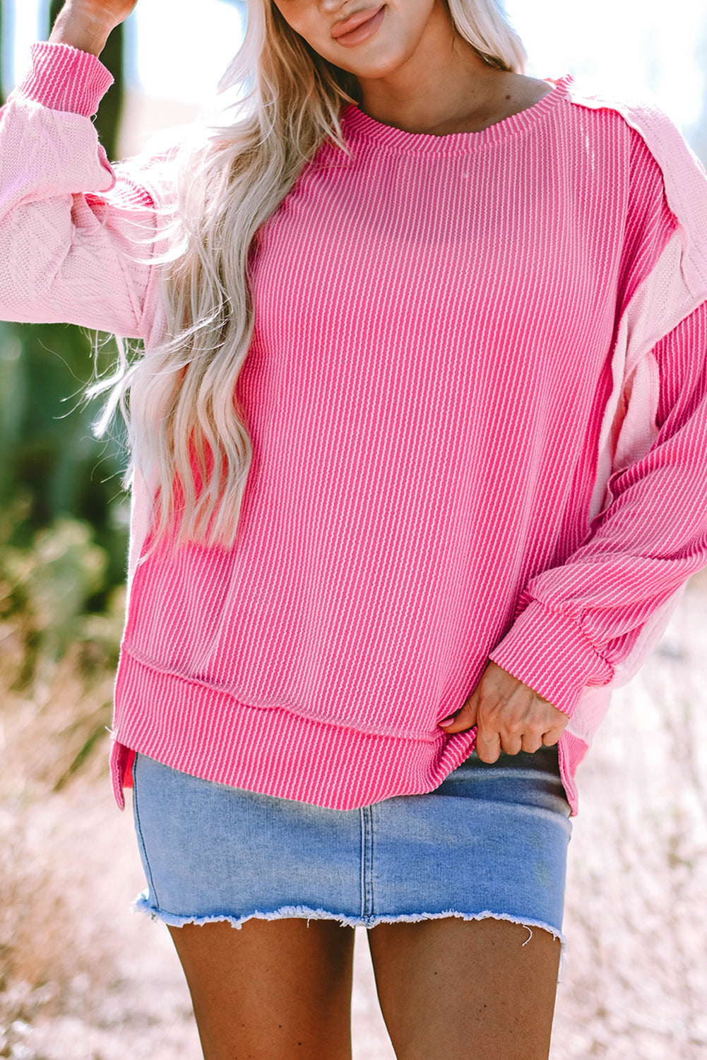 Bonbon Cable Knit Colorblock Exposed Seam Sweatshirt Kittybear Krafts