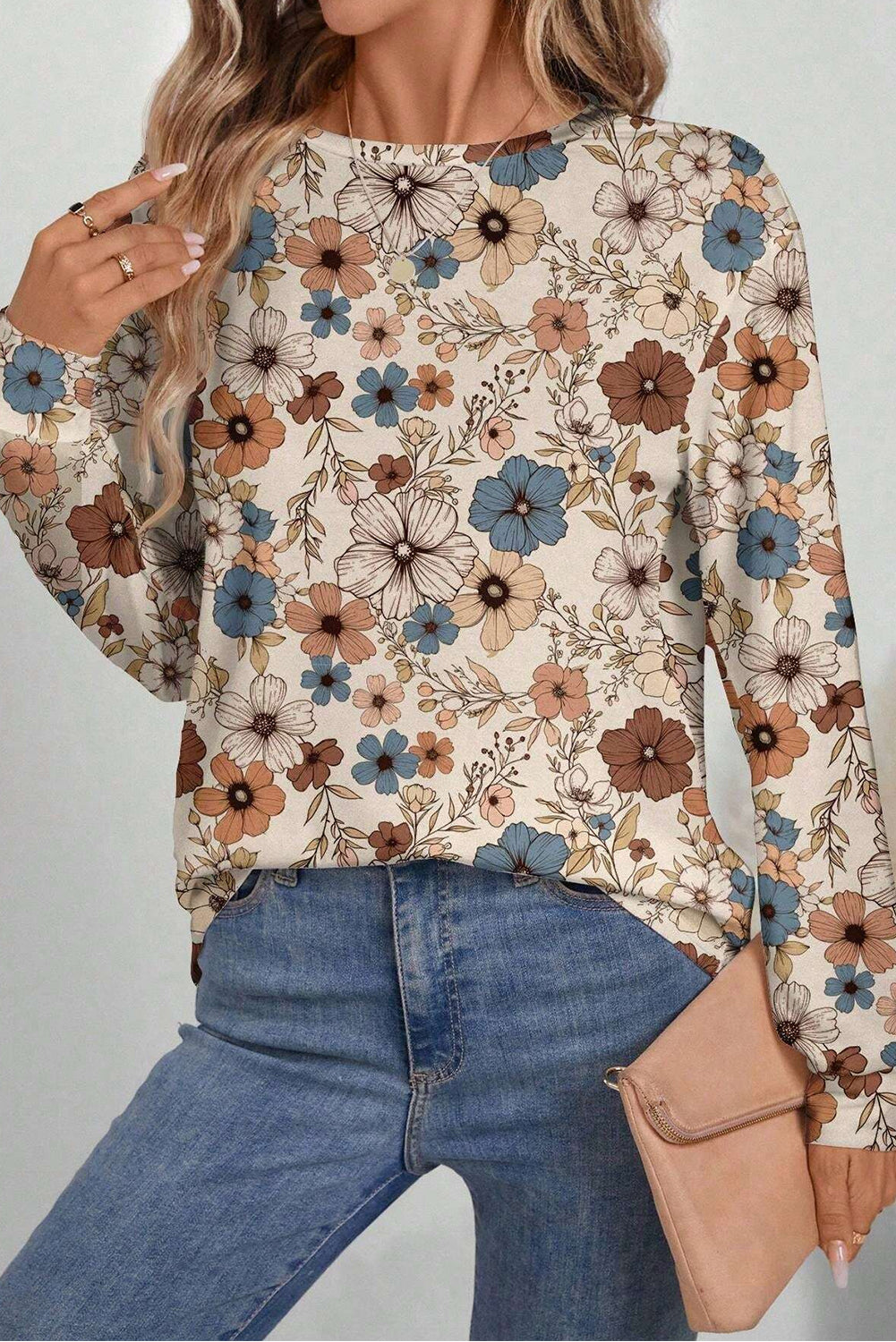 Khaki Floral Print Loose Crew Neck Long Sleeve T-Shirt Kittybear Krafts