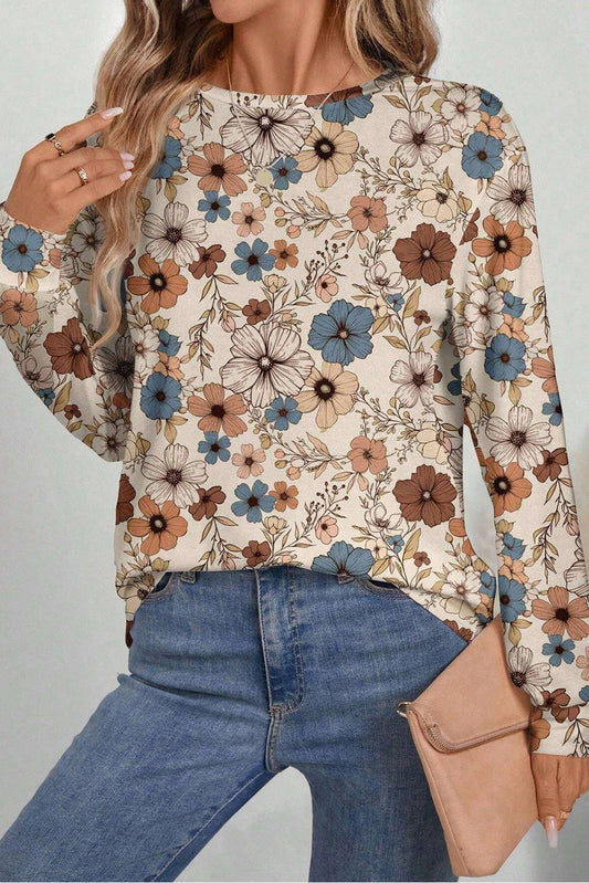 Khaki Floral Print Loose Crew Neck Long Sleeve T-Shirt Kittybear Krafts