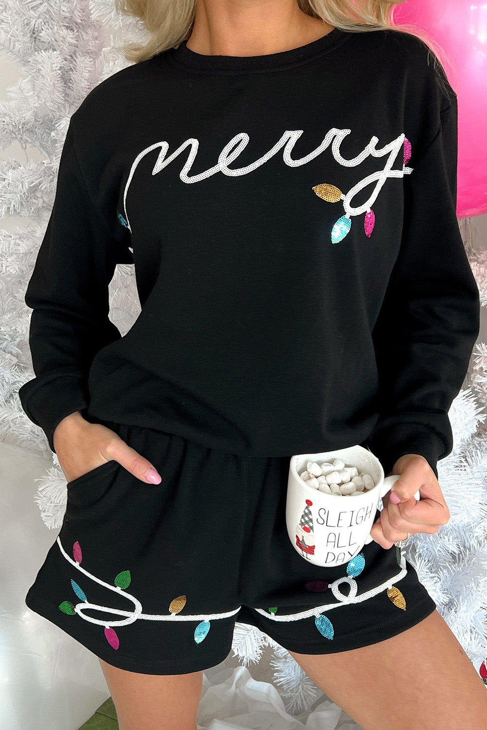 Black Sequin Merry Graphic Pullover and Shorts Christmas Loungewear Outfit Kittybear Krafts