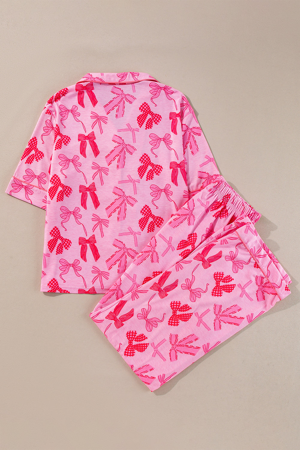 Pink Bow Knot Print Lapel Collar Short Sleeve and Pajamas Set Kittybear Krafts