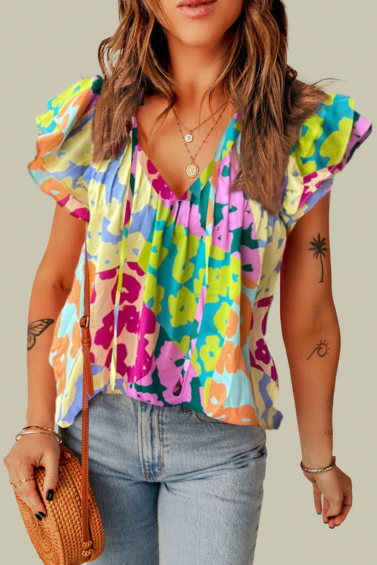 Multicolour Leopard Flutter Sleeve V Neck Crinkled Blouse Kittybear Krafts