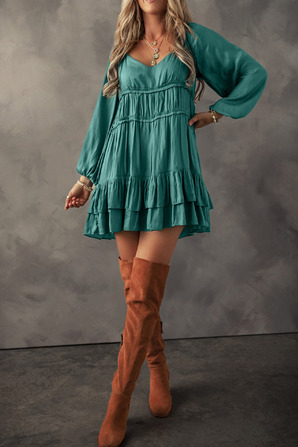 Mist Green Tiered Ruffled Puff Sleeve Loose Fit Mini Dress Kittybear Krafts