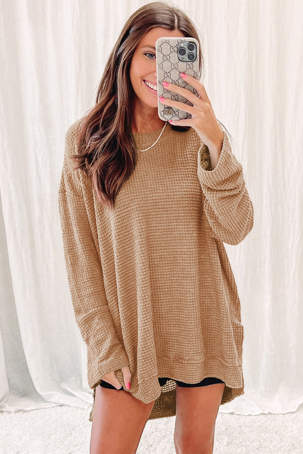 Khaki Waffle Knit High Slits Oversized Top Kittybear Krafts