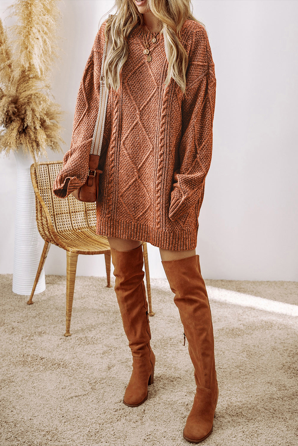 Coffee Cable Knit Drop Shoulder Loose Fit Sweater Dress Kittybear Krafts