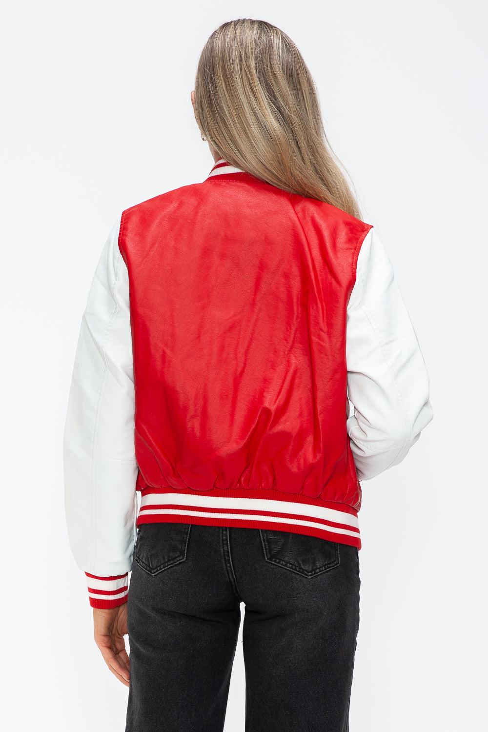 Love Me Now PU Leather Contrast Snap Down Bomber Jacket Trendsi