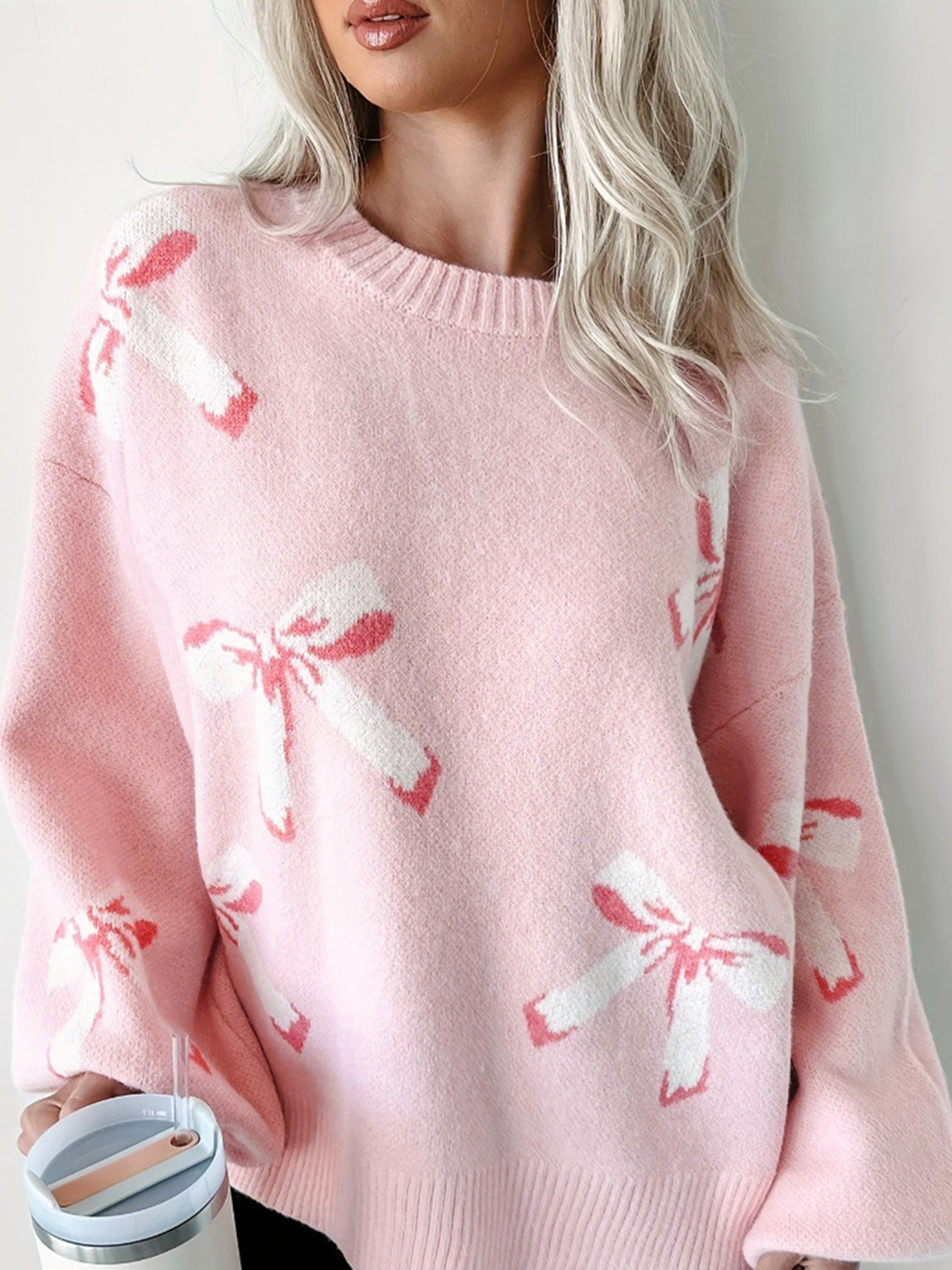 Simple Bow Round Neck Long Sleeve Sweater Trendsi
