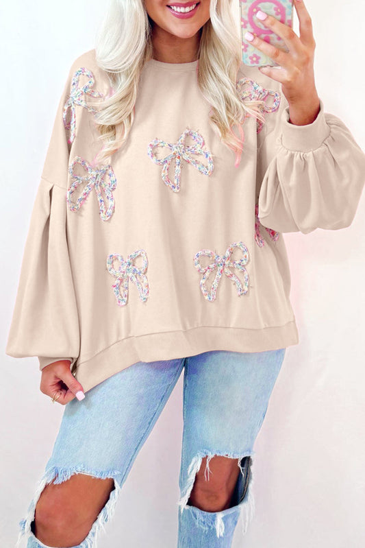 Parchment Embroidered Bow Lantern Sleeve Oversized Pullover Sweatshirt Kittybear Krafts