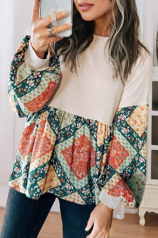 Jet Stream Paisley Geometric Patchwork Crew Neck Loose Fit Top Kittybear Krafts