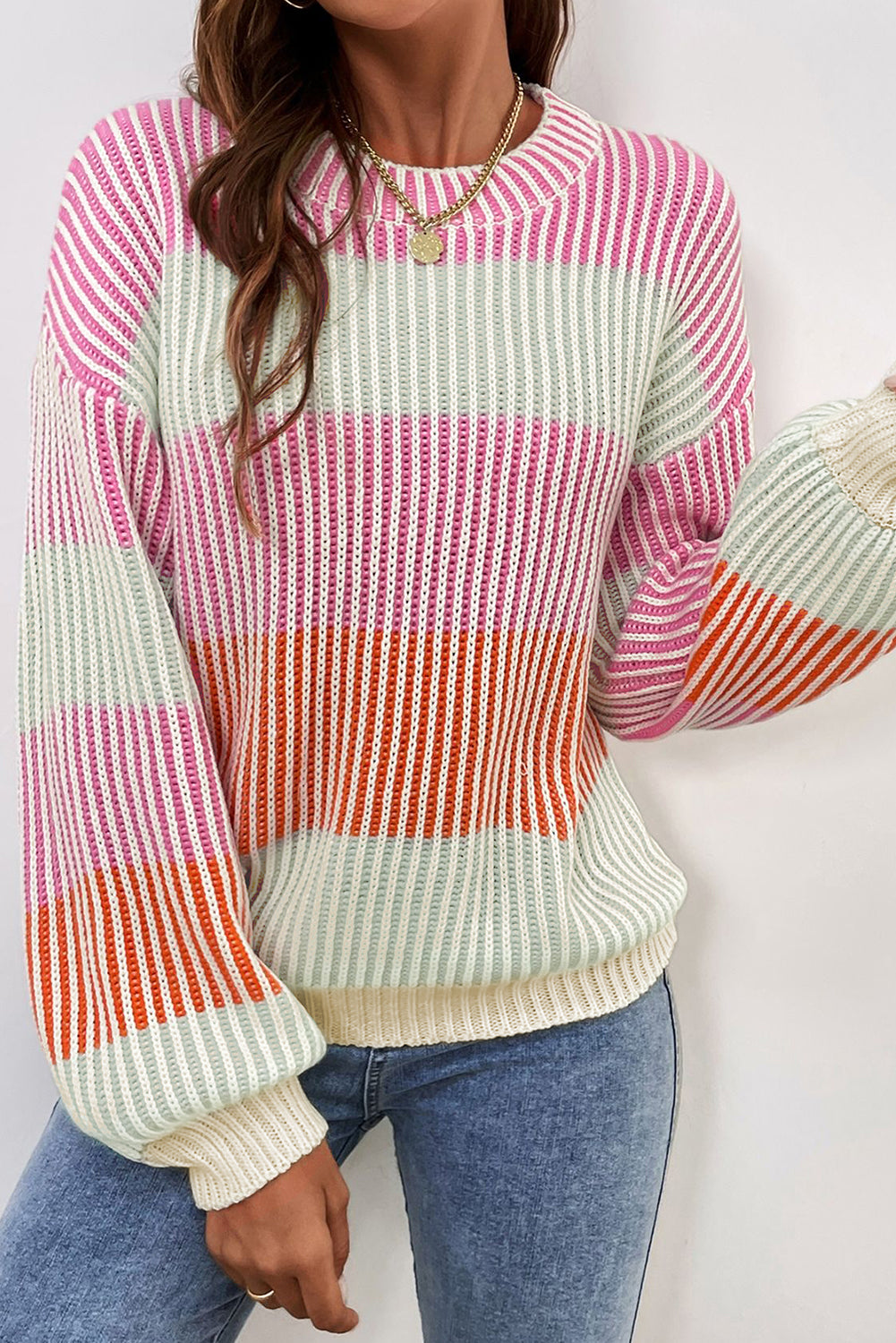 Pink Colorblock Textured Knit Bubble Sleeve Sweater Kittybear Krafts