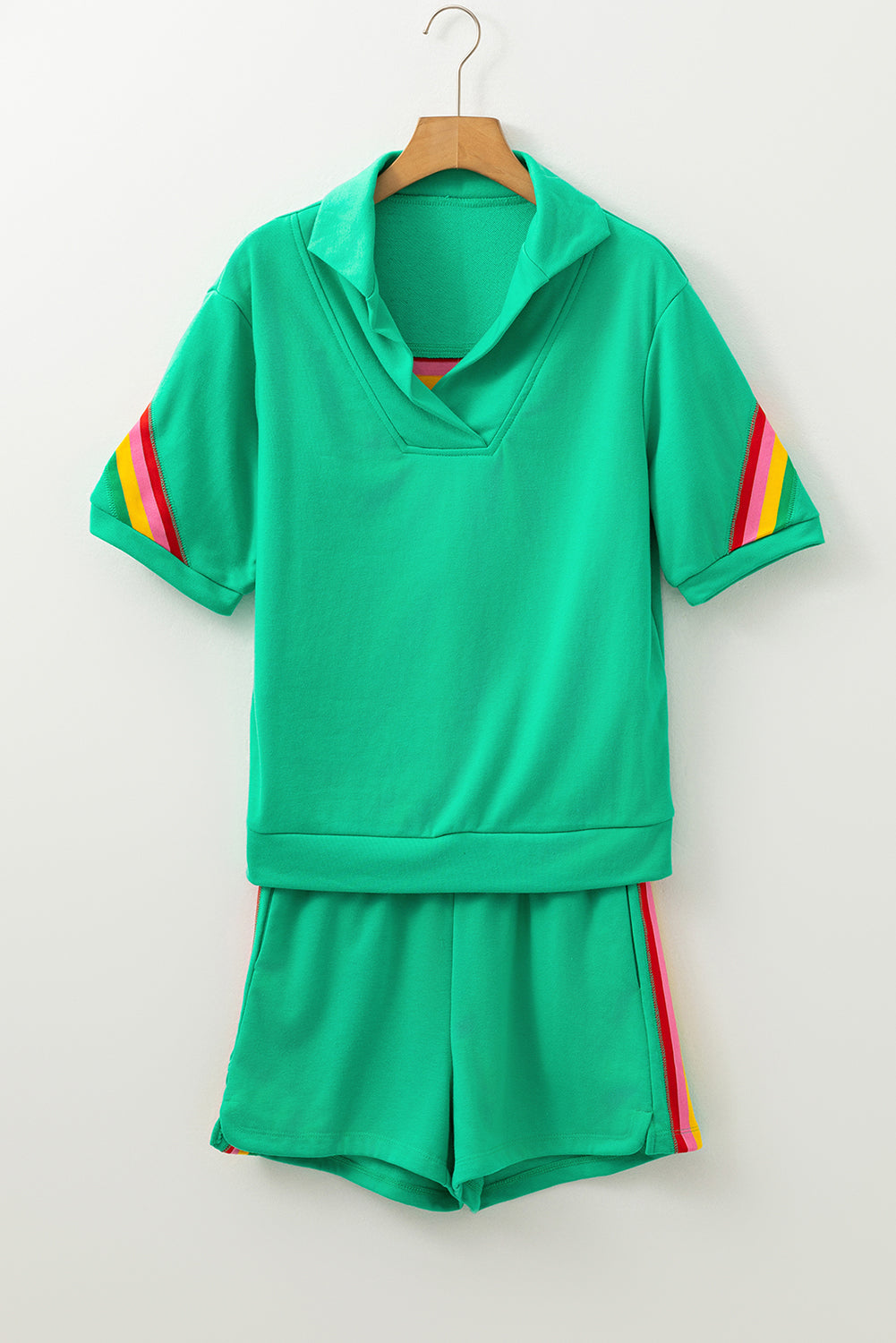 Sea Green Rainbow Colorblock Collared Short Sleeve Top 2 Piece Shorts Set Kittybear Krafts