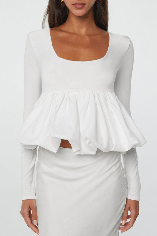 White U Neck Long Sleeve Bubble Hem Top Kittybear Krafts