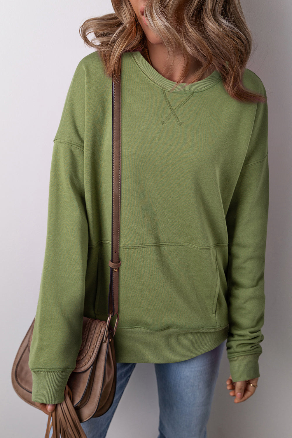 Vineyard Green Drop Shoulder Crisscross Stitching Pocketed Loose Oversized Sweatshirt Kittybear Krafts