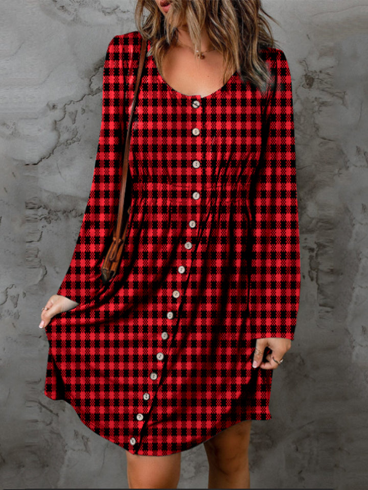 Red & Black Checkered Plaid Round Neck Long Sleeve Magic Christmas Holiday Mini  Dress Trendsi