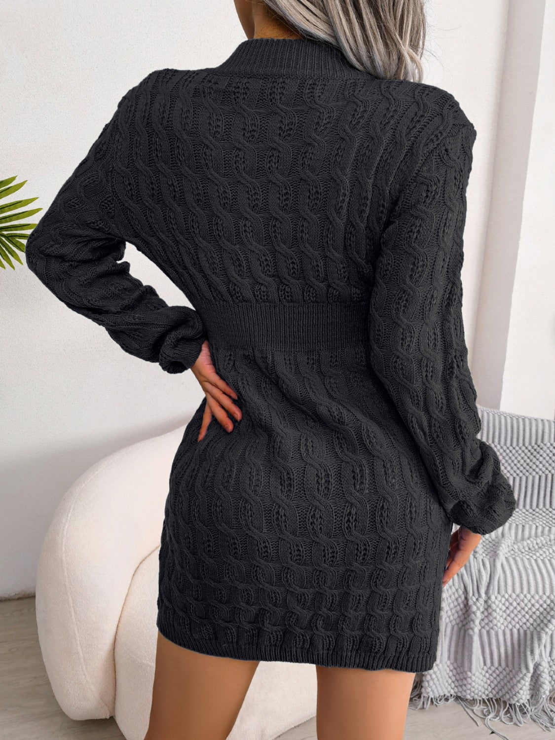 Cable-Knit Round Neck Mini Wrap Sweater Dress Trendsi