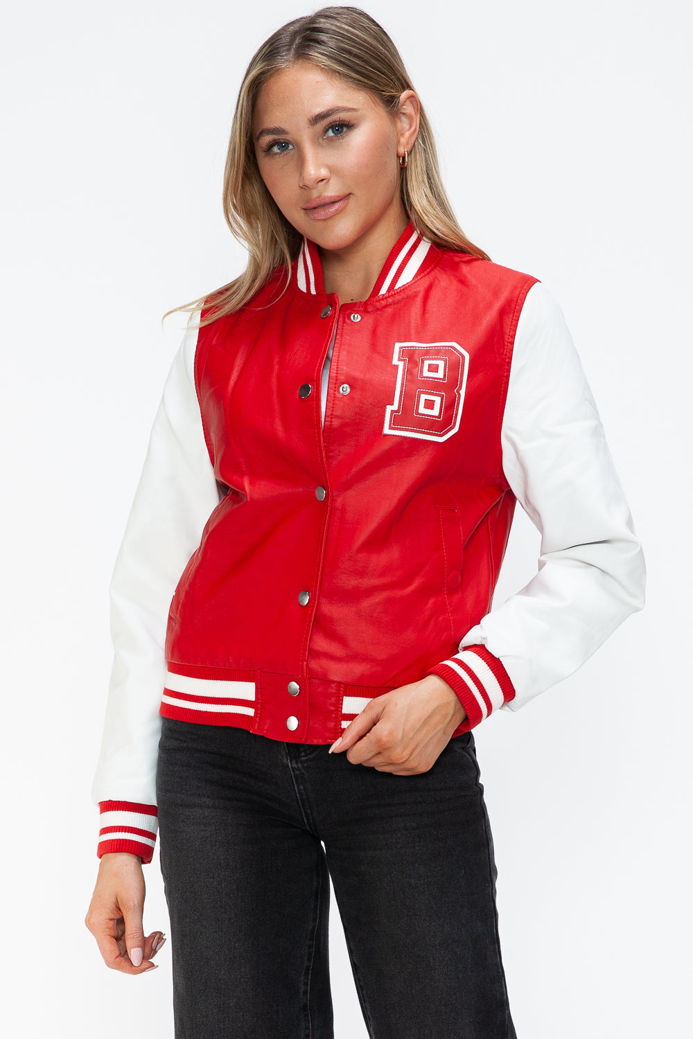 Love Me Now PU Leather Contrast Snap Down Bomber Jacket Trendsi