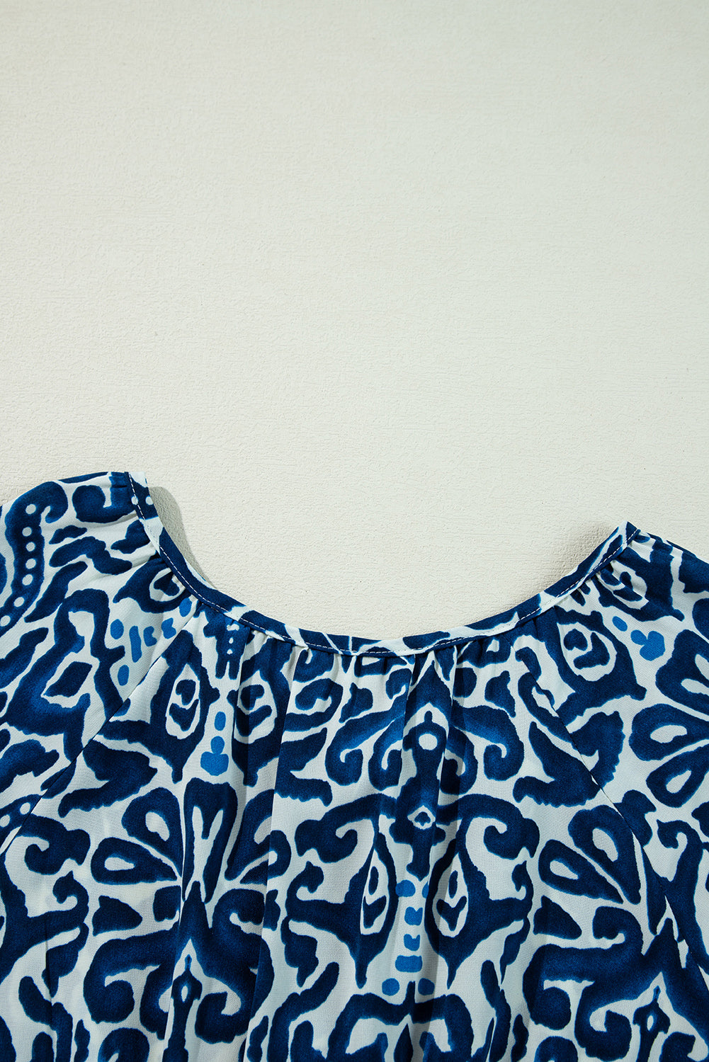 Blue Vintage Print Lace up V Neck Long Sleeve Mini Dress Kittybear Krafts