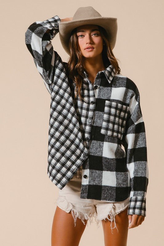 BiBi Plaid Fleece Button Down Long Sleeve Shirt Top Trendsi
