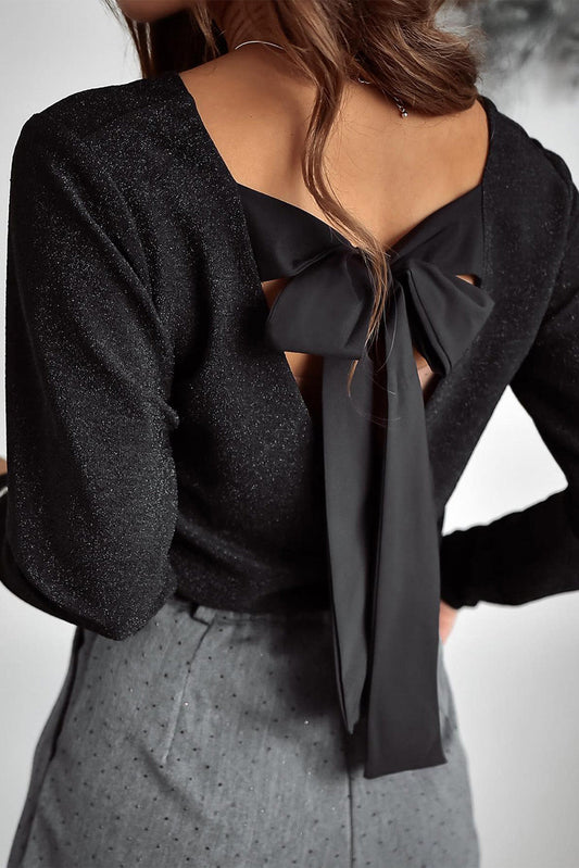 Black Metallic Bowknot Open Back V Neck Top Kittybear Krafts