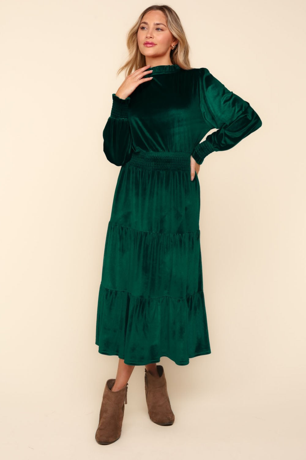 Haptics Hunter Green Mock Neck Smocked Waist Velvet Tiered Dress Trendsi