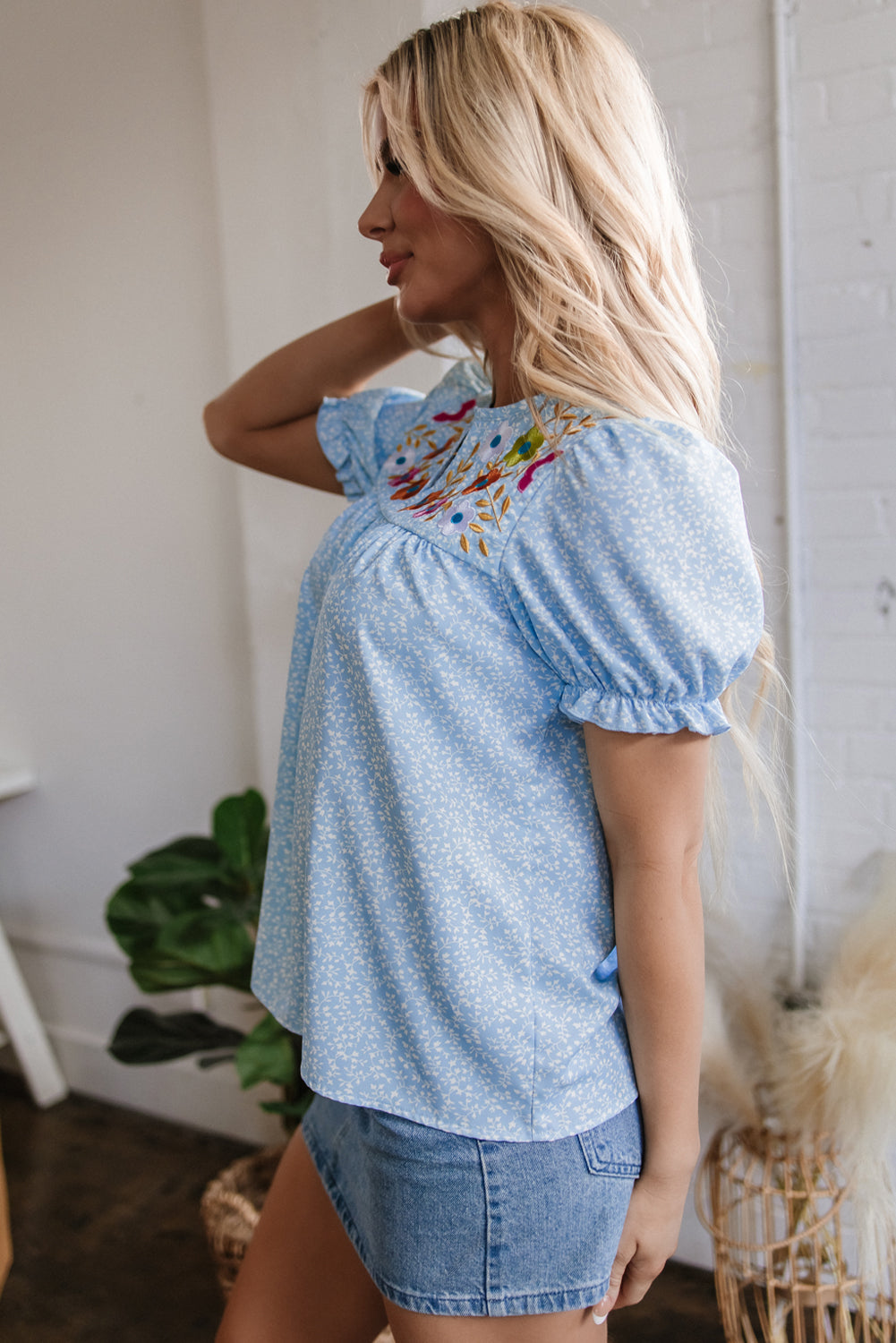Sky Blue Floral Embroidered Puff Sleeve Notched V Neck Blouse Kittybear Krafts