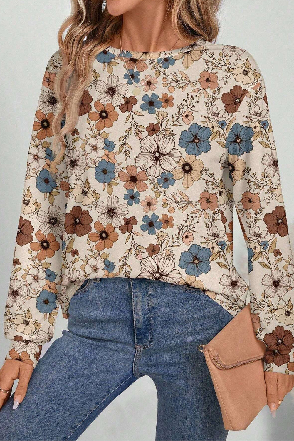Khaki Floral Print Loose Crew Neck Long Sleeve T-Shirt Kittybear Krafts