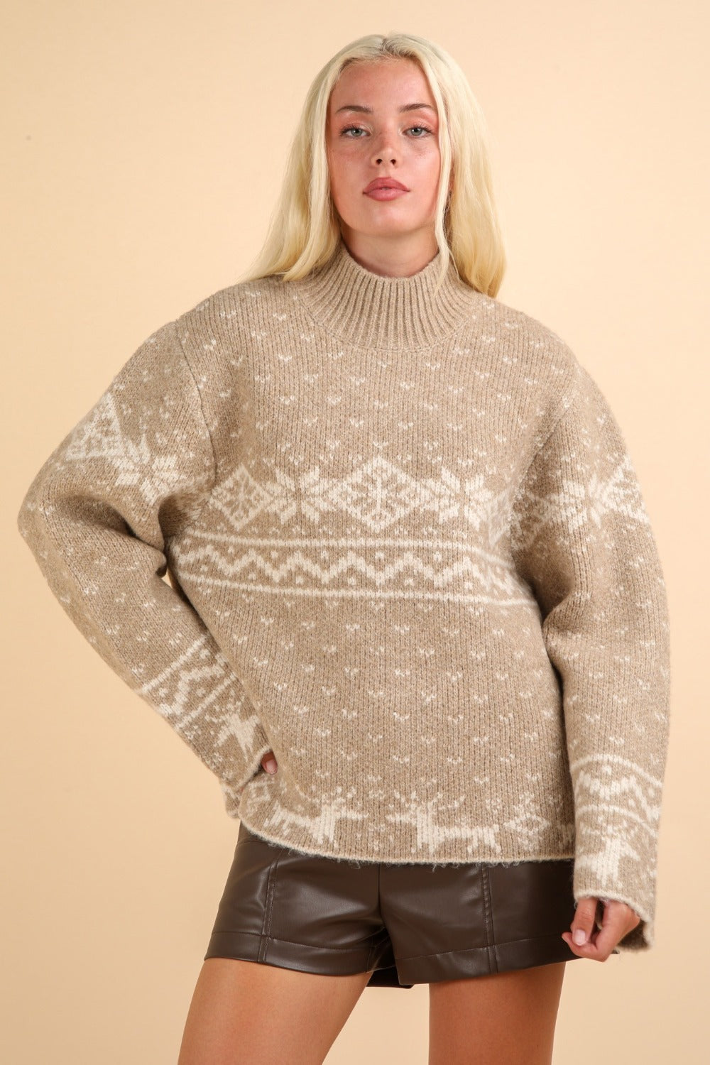 Christmas Element Mock Neck Long Sleeve Sweater Trendsi