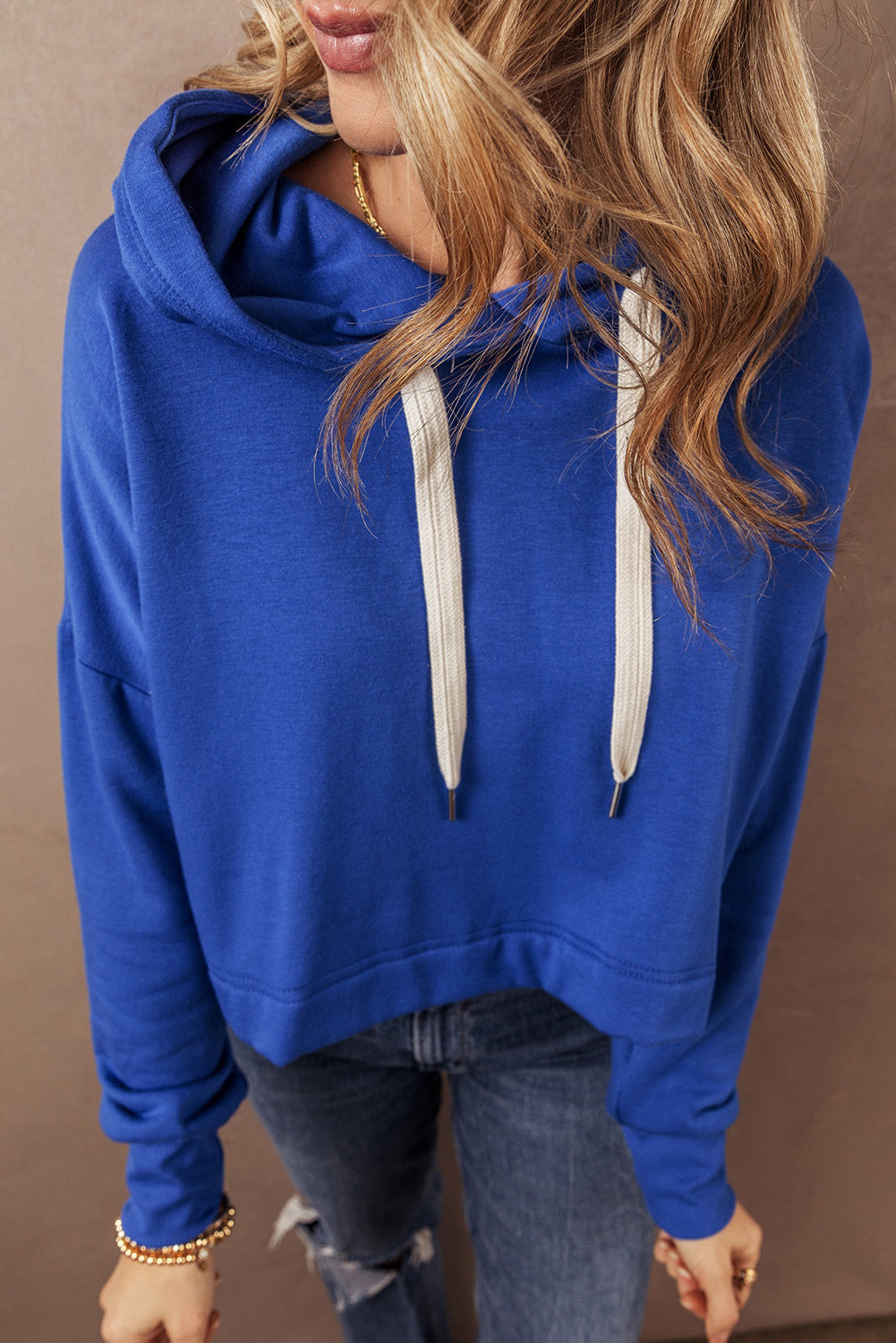 Dark Blue Solid Drop Shoulder Drawstring Cropped Hoodie Kittybear Krafts
