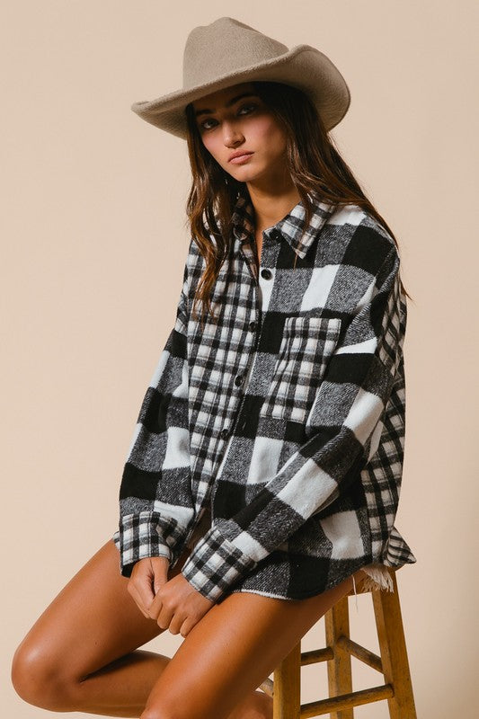 BiBi Plaid Fleece Button Down Long Sleeve Shirt Top Trendsi