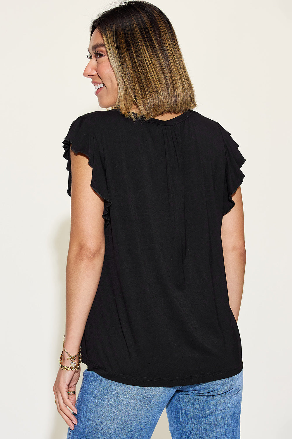 Bamboo Notched Ruffled Short Sleeve T-Shirt - Kittybear Krafts