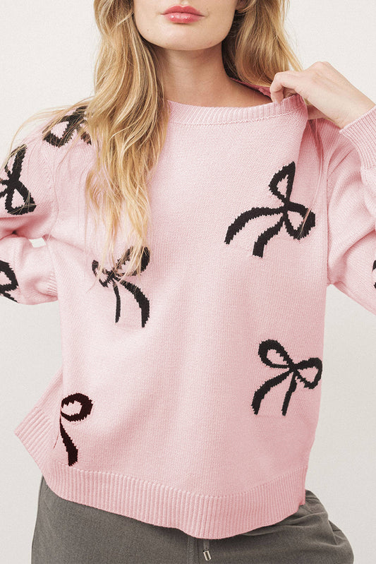 Light Pink Bow Pattern Knitted Loose Fit Sweater Kittybear Krafts