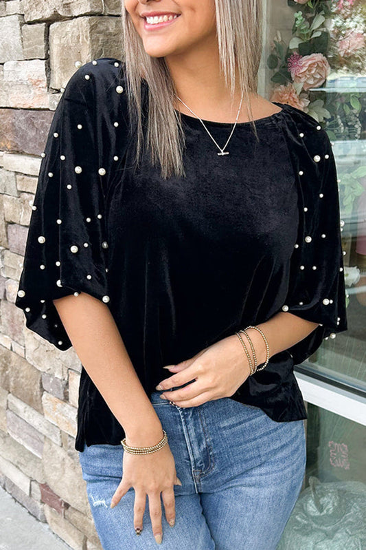 Black Pearl Beaded Half Sleeve Velvet Top Kittybear Krafts
