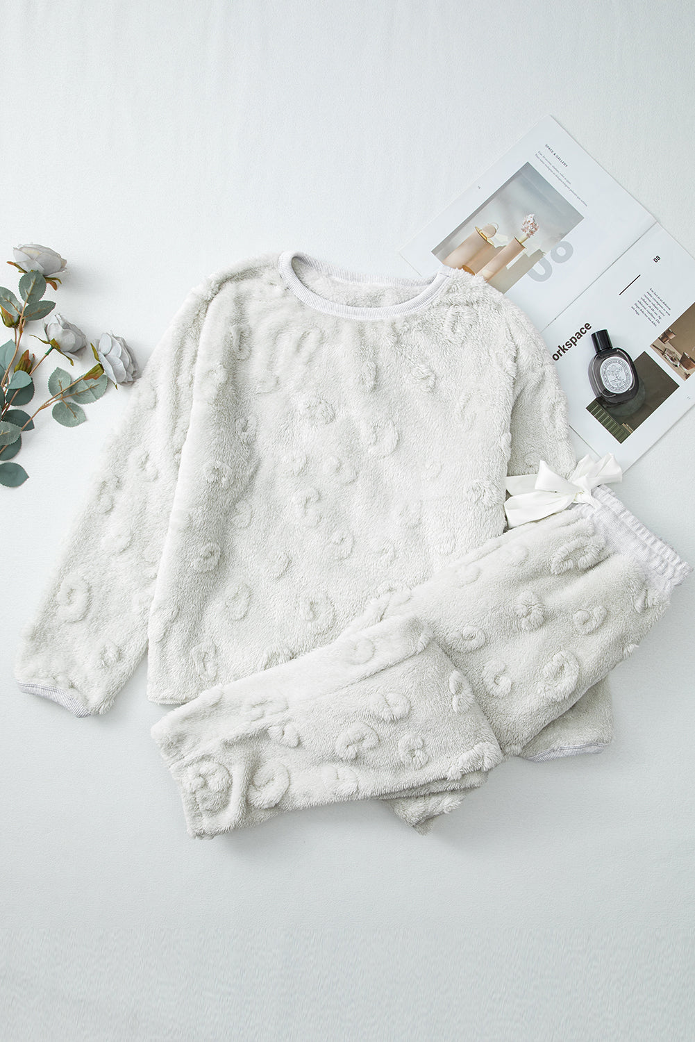 Light Grey Leopard Textured Loose Fit Fleece Loungewear Set Kittybear Krafts