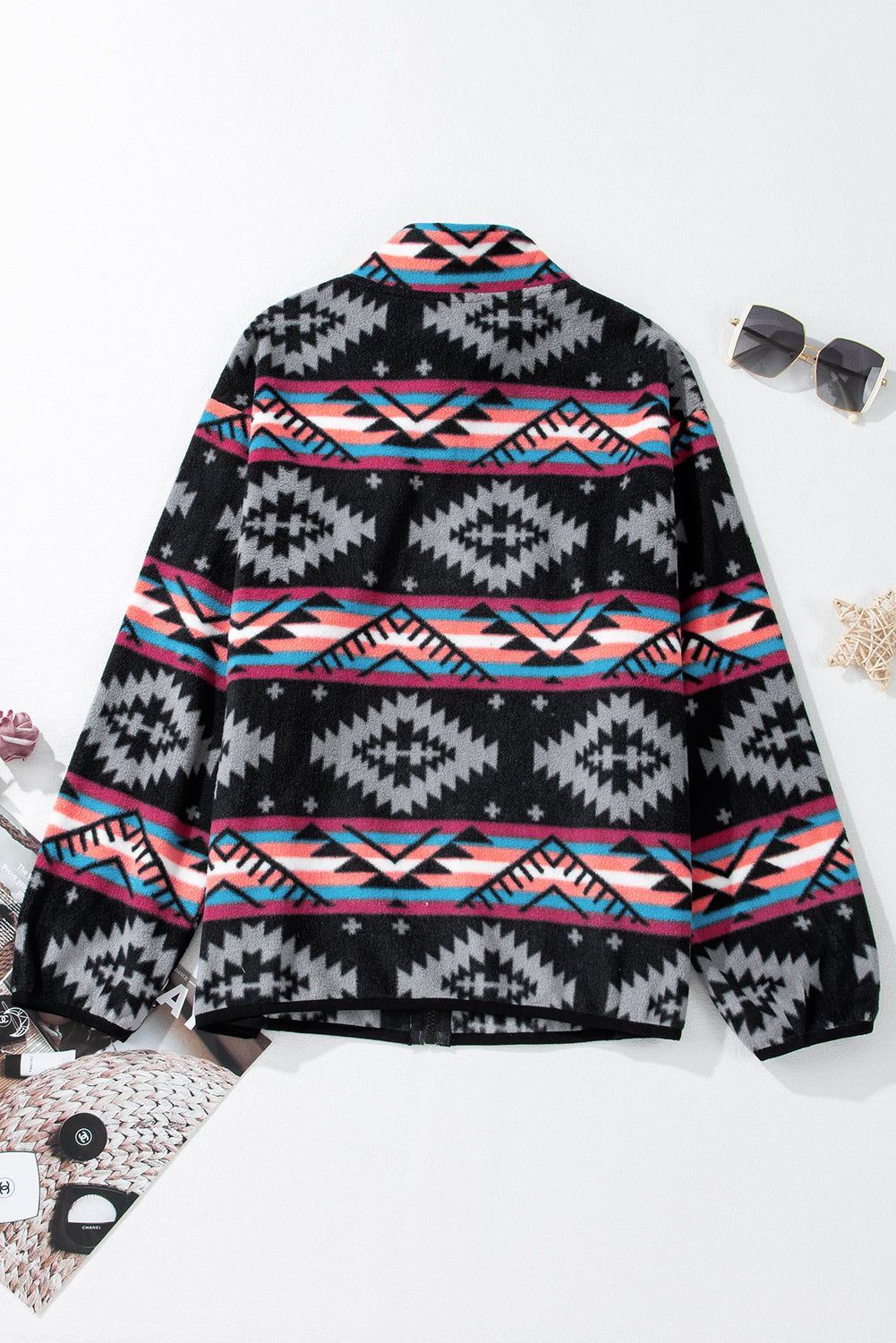 Black Aztec Printed Zip Up Collar Jacket Kittybear Krafts