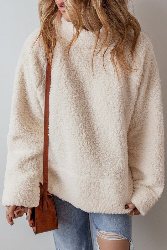 White Solid Fleece High Neck Drop Shoulder Pullover Sweatshirt Kittybear Krafts