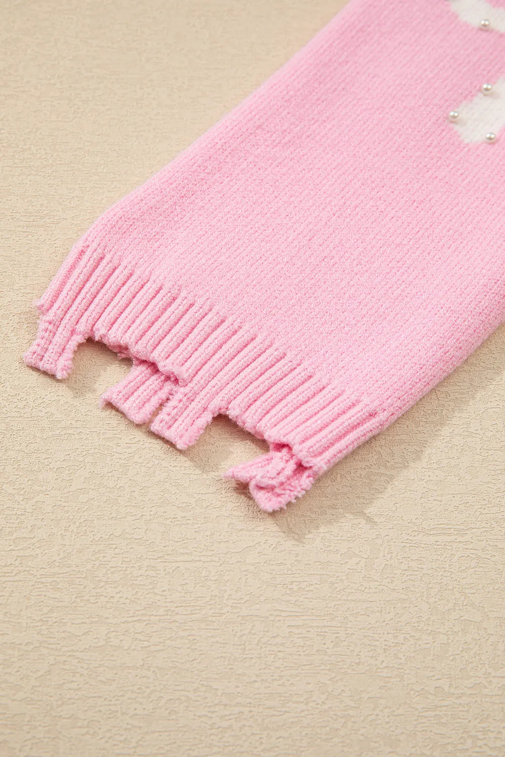 Pearl Detail Pink Bow Round Neck Long Sleeve Sweater Trendsi