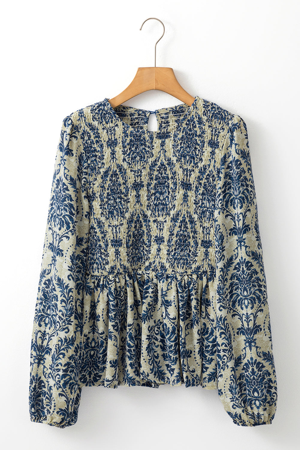 Blue Boho Printed Balloon Sleeve Smocked Peplum Blouse Kittybear Krafts