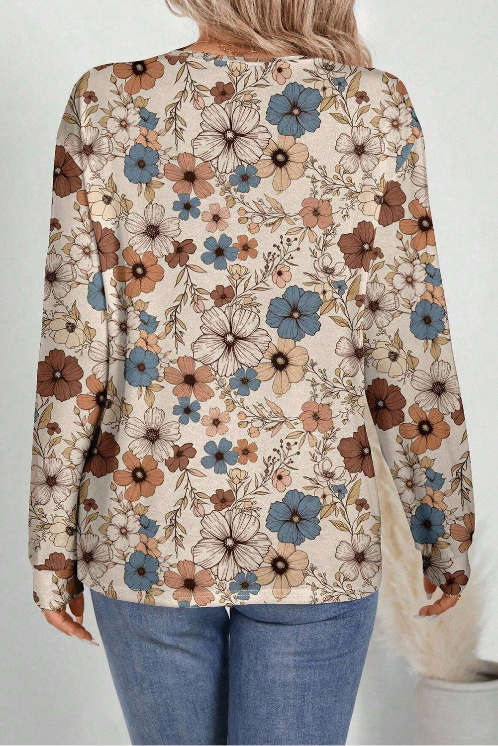 Khaki Floral Print Loose Crew Neck Long Sleeve T-Shirt Kittybear Krafts