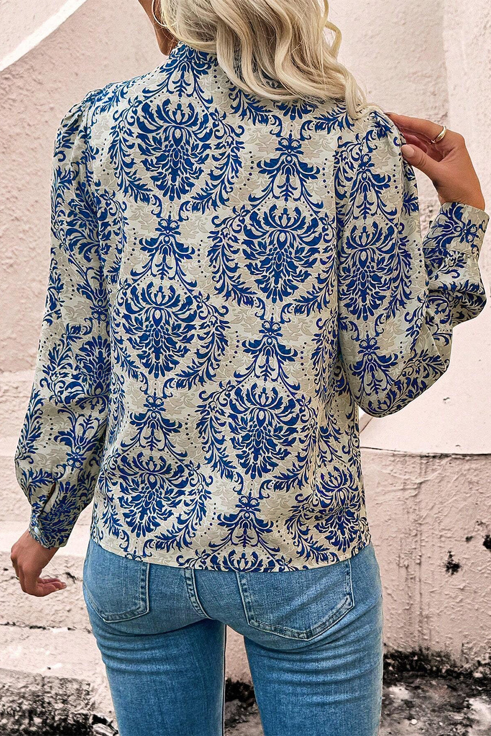 Blue Bohemian Printed Bishop Sleeve Lace Shirt Top Kittybear Krafts