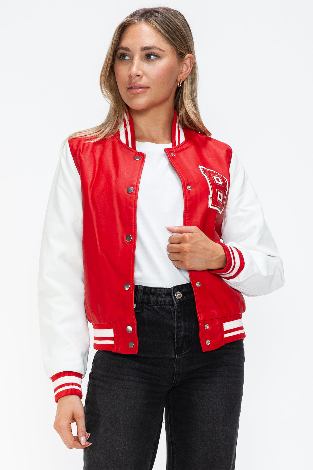 Love Me Now PU Leather Contrast Snap Down Bomber Jacket Trendsi