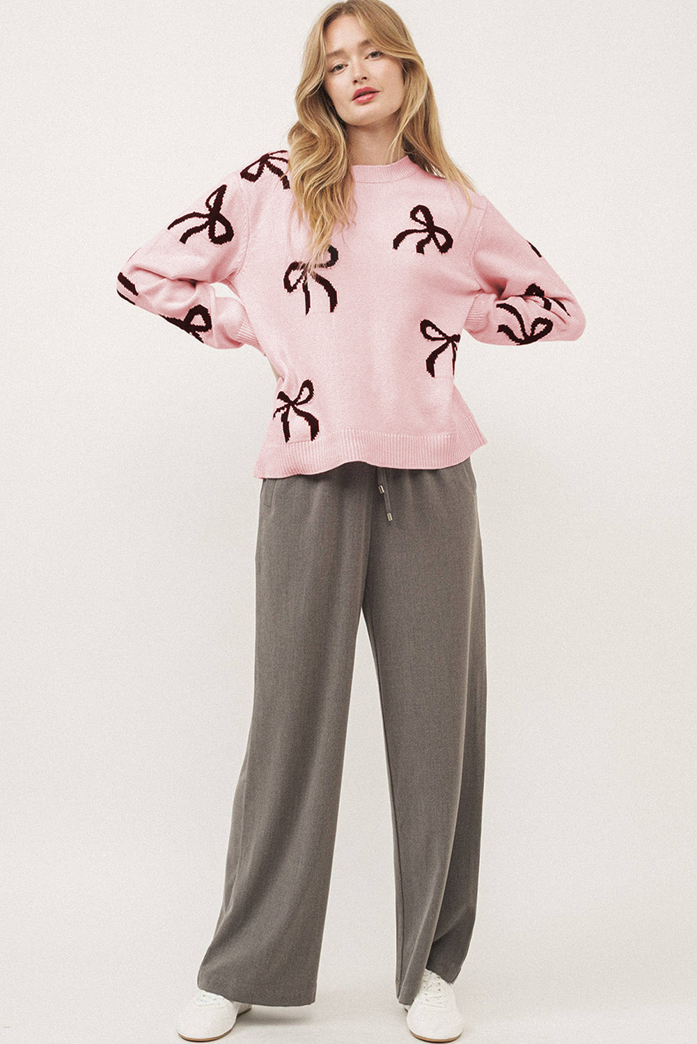 Light Pink Bow Pattern Knitted Loose Fit Sweater Kittybear Krafts