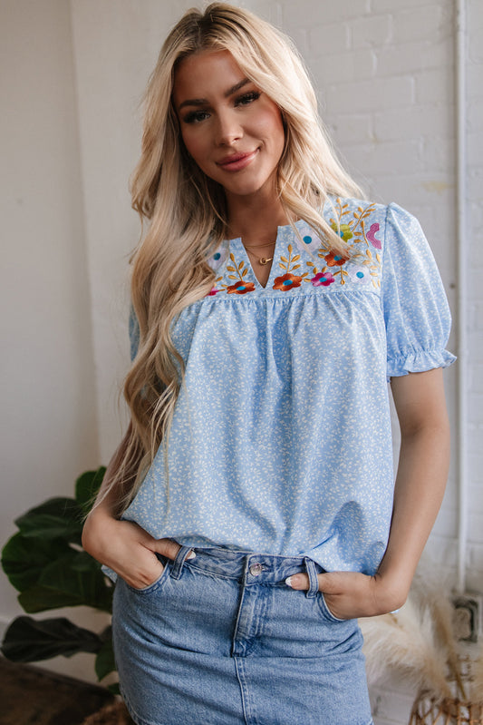 Sky Blue Floral Embroidered Puff Sleeve Notched V Neck Blouse Kittybear Krafts