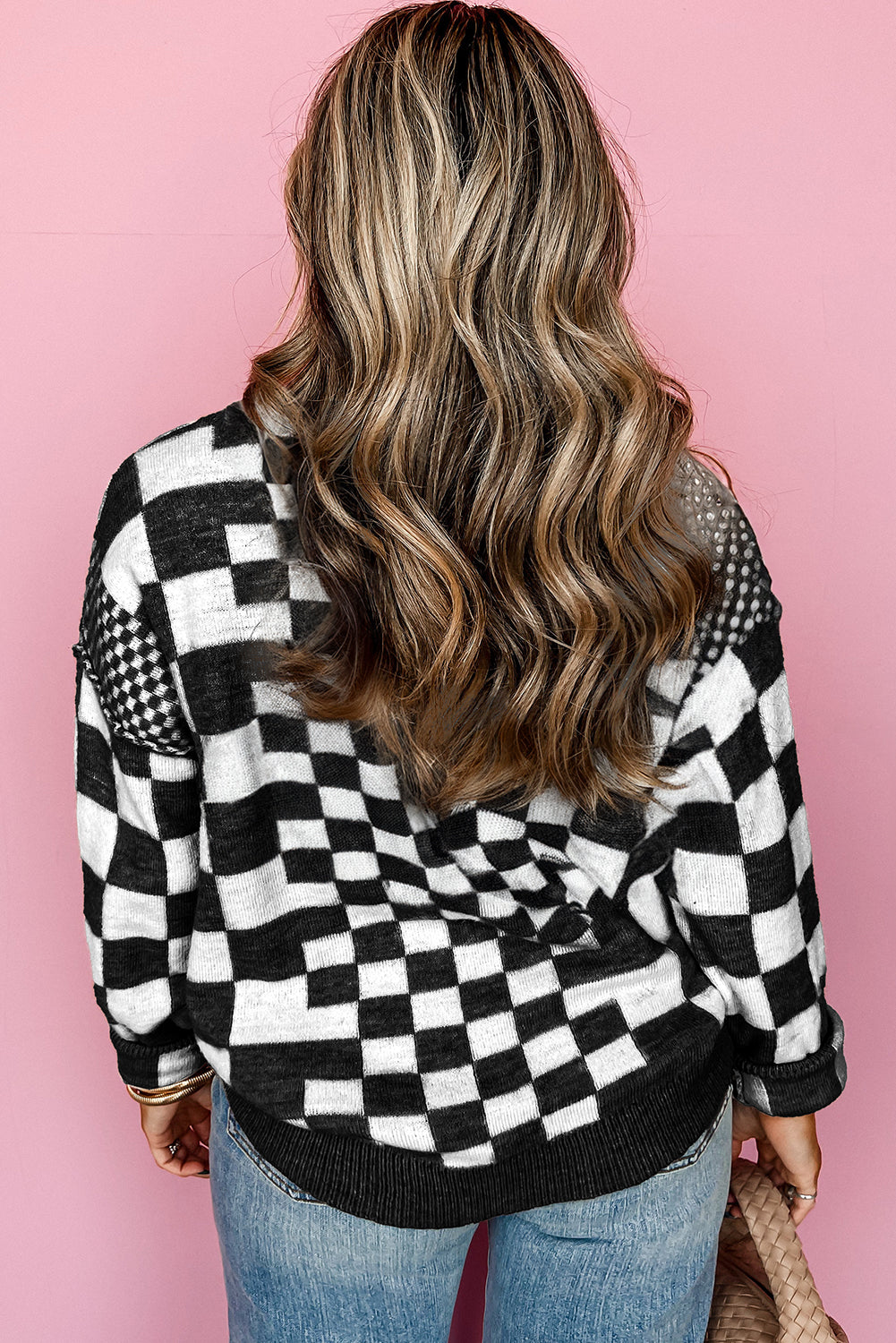 Black Checkered Print Drop Shoulder Round Neck Sweater Top Kittybear Krafts