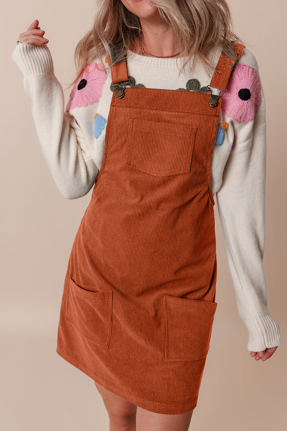 Cinnamon Solid Front Pockets Sleeveless Corduroy Overall Dress Kittybear Krafts