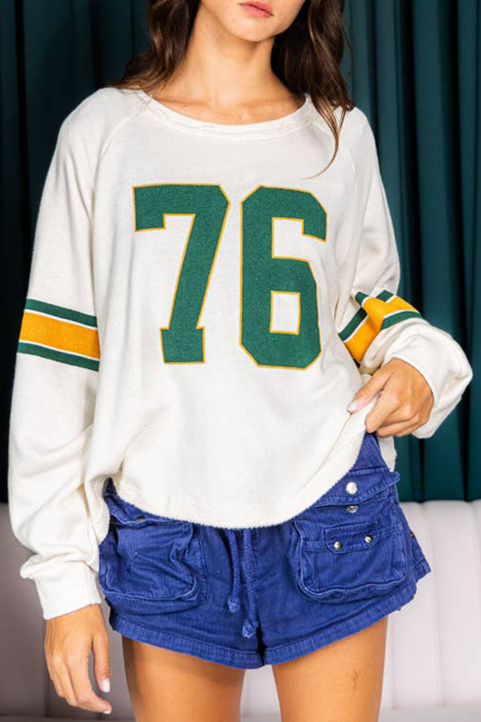 White Number 76 Printed Retro Sporty Long Sleeve Top Kittybear Krafts