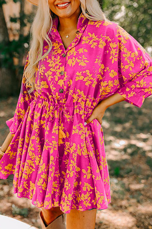 Pink Floral Print Drawstring Tunic Flowy Short Dress Kittybear Krafts