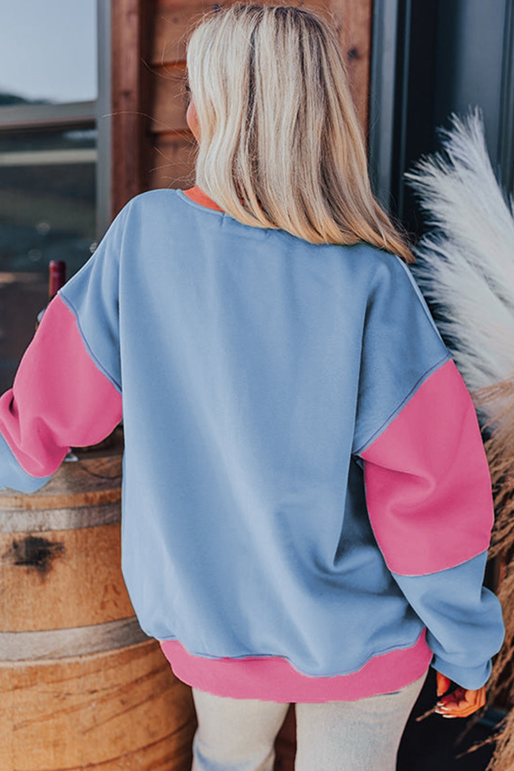 Bright Pink Colorblock Patchwork Drop Shoulder Sweatshirt Kittybear Krafts